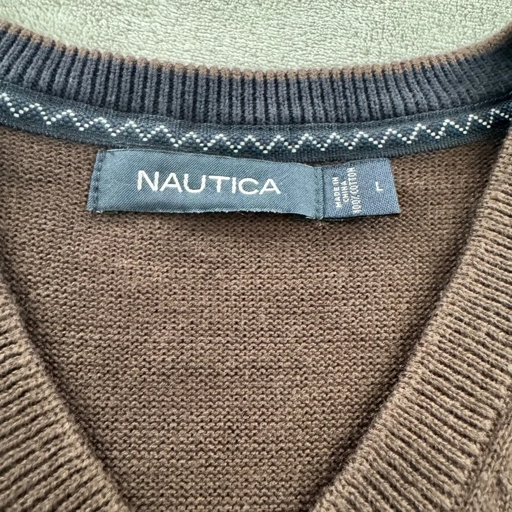 Nautica Men's V-Neck Sweater Vest Brown Navy Blue Striped 100% Cotton Size Large